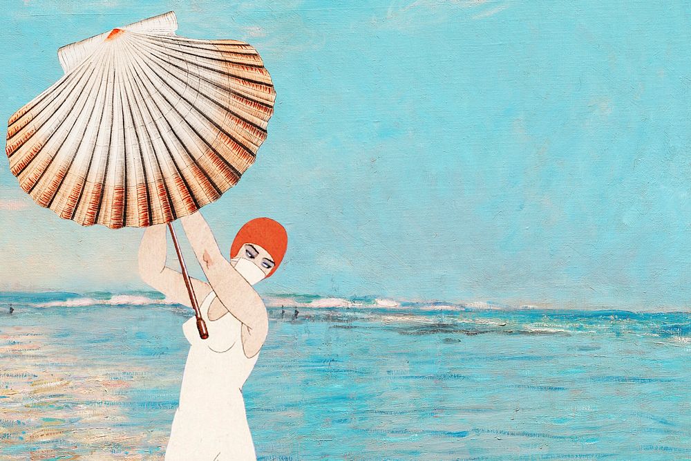 Vintage woman holding clam shell background, remixed from public domain artworks