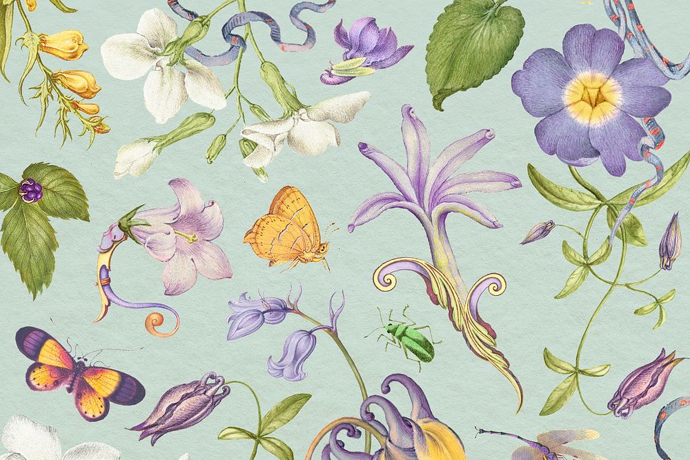 Beautiful purple floral pattern on green background, remixed from artworks by Pierre-Joseph Redout&eacute;