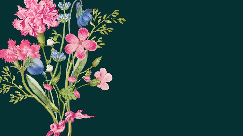 Green vintage floral background vector with pink flower, remixed from artworks by Pierre-Joseph Redout&eacute;