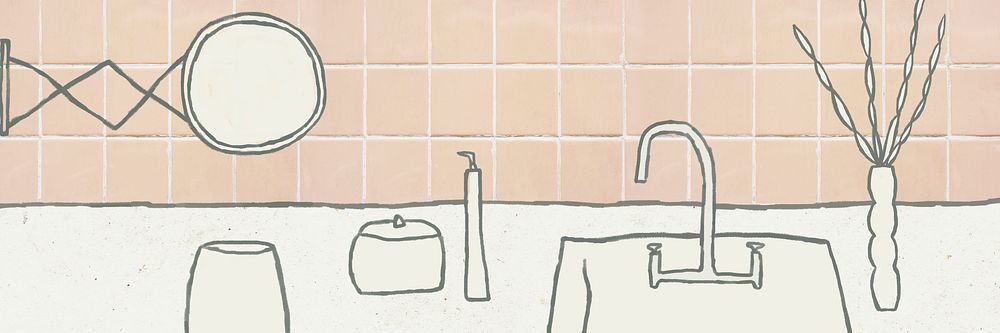 Bathroom sink doodle vector with pink tiled wall home interior illustration