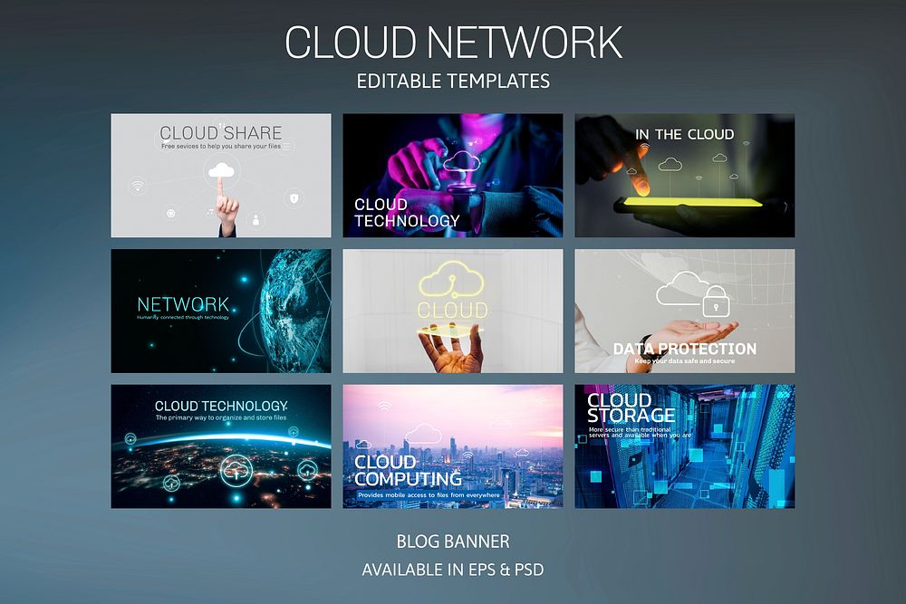 Cloud network editable template vector for blog blog banner set