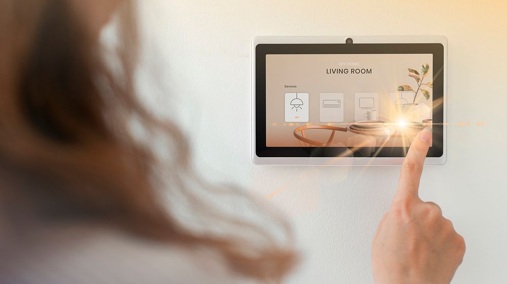 Smart home innovation technology with woman using control panel remixed media