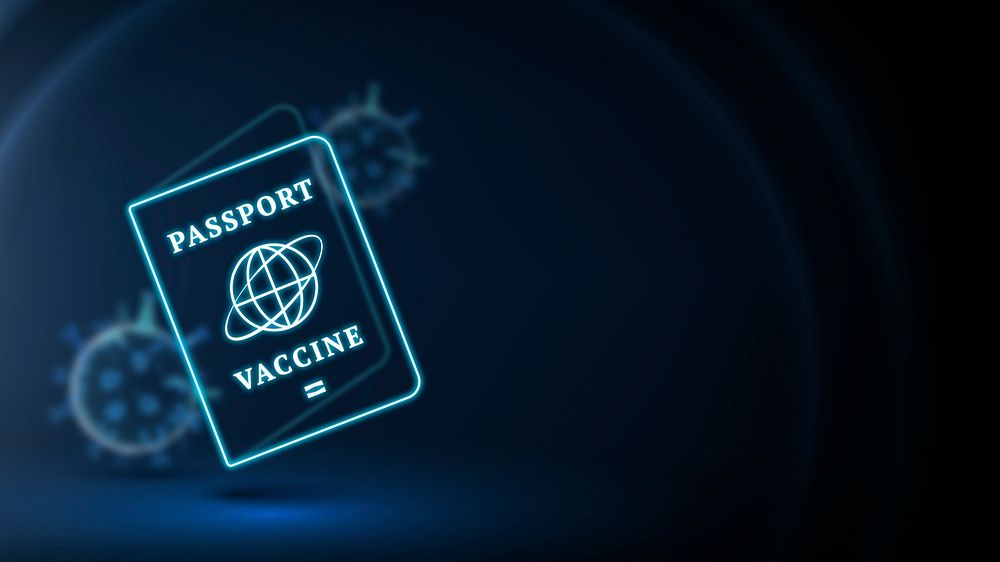 Covid-19 vaccine passport border smart technology background in blue