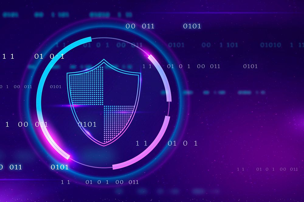 Cyber security technology background with data protection shield icon in purple tone