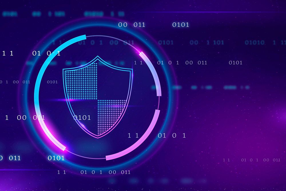 Cyber security technology background vector with data protection shield icon in purple tone