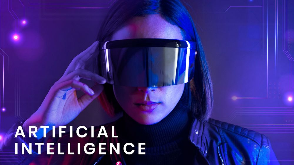 Artificial intelligence banner template vector with woman wearing smart glasses background