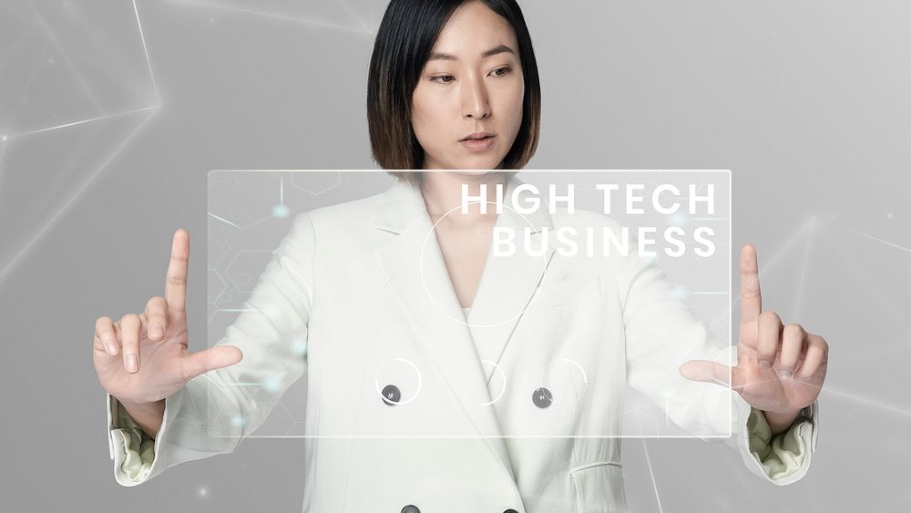 High tech business template psd with woman using virtual screen background