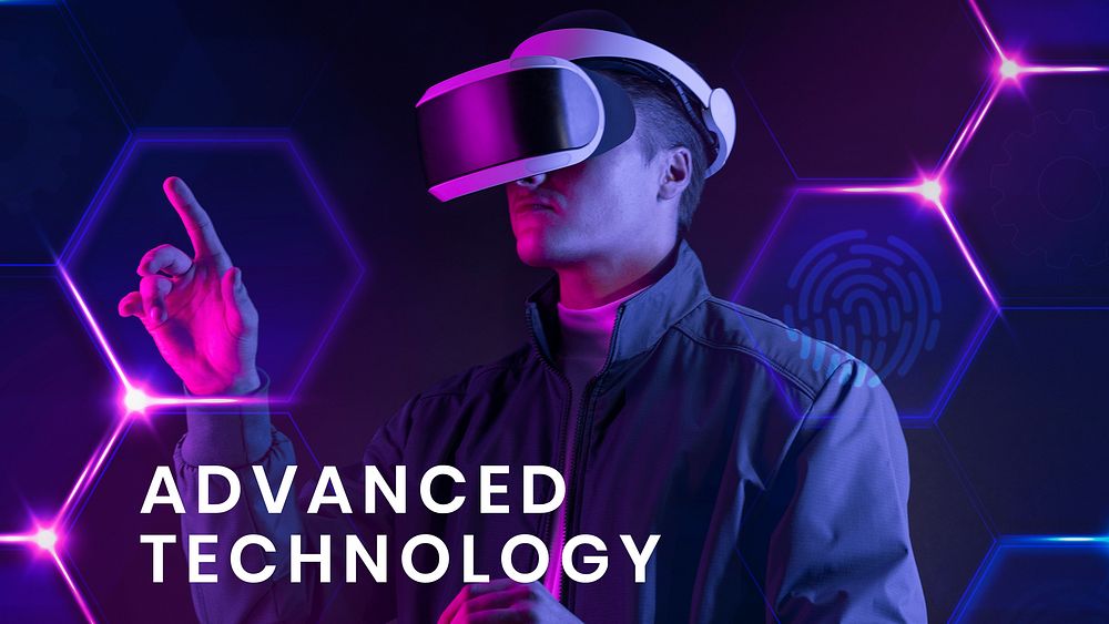 Advanced technology banner template psd with man wearing VR background