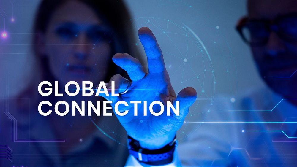 Global connection banner template psd with man touching virtual screen background