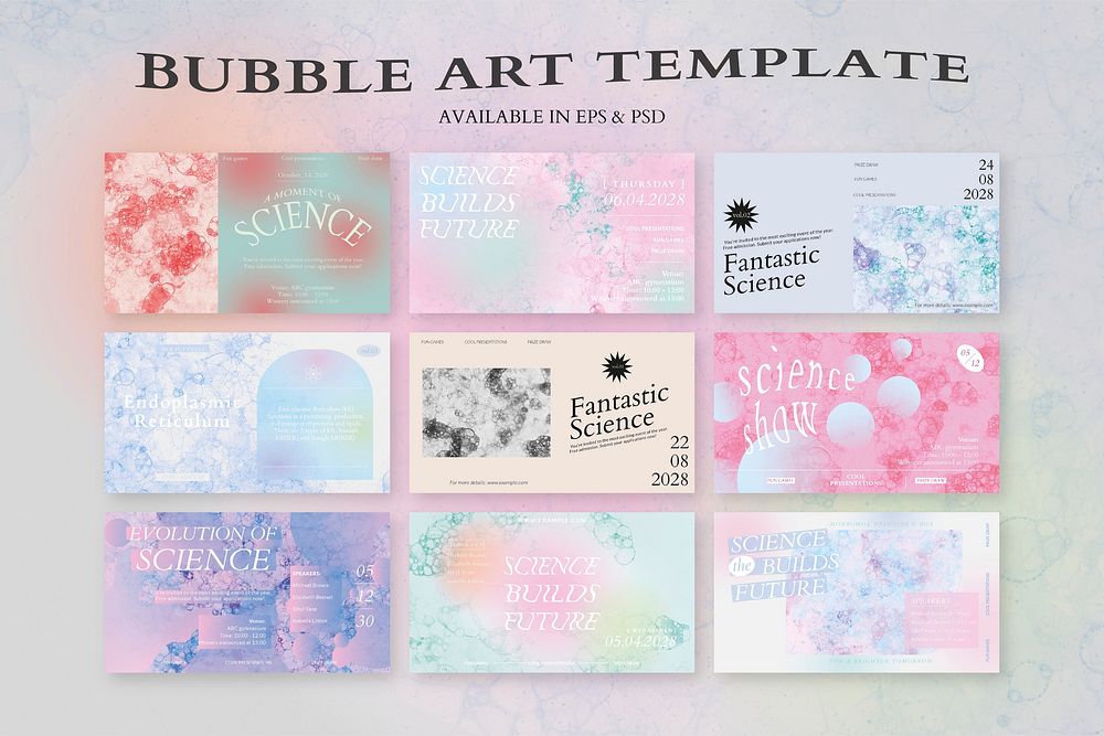 Aesthetic bubble art template vector science event colorful ad banners set