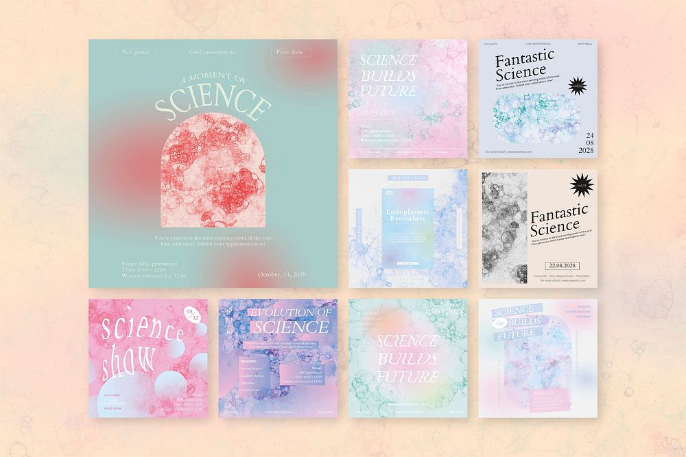 Bubble art science template vector event aesthetic social media ad set