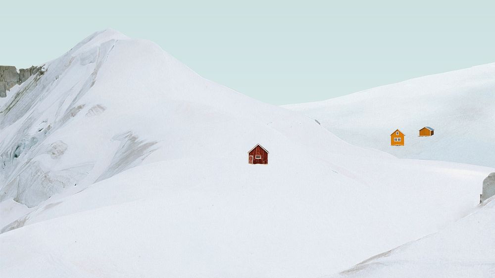 Creative background of minimal snow-covered mountain with cabins