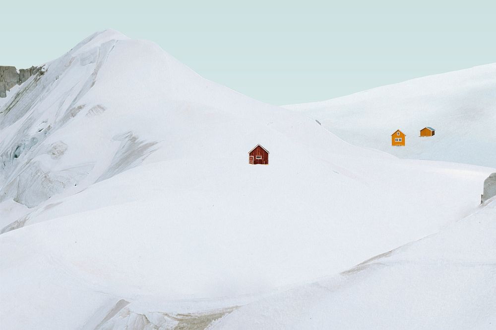 Creative background of minimal winter landscape with cabins