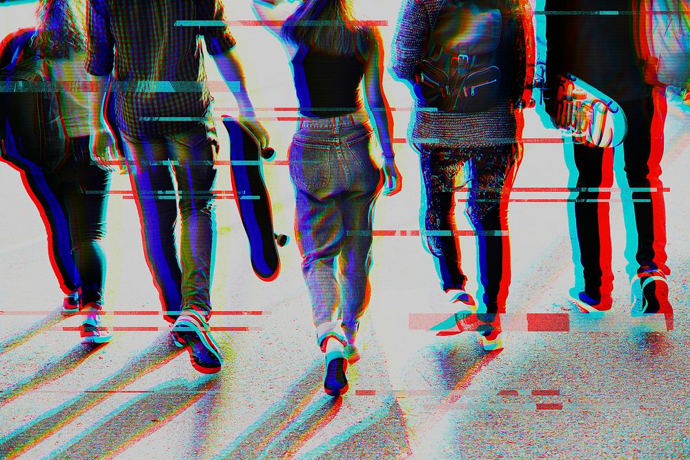 Teenagers walking down the street glitch effect remixed media