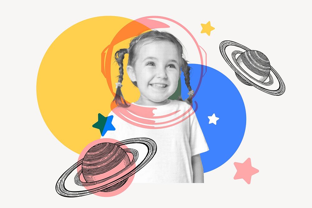Kid astronaut collage element, education design psd
