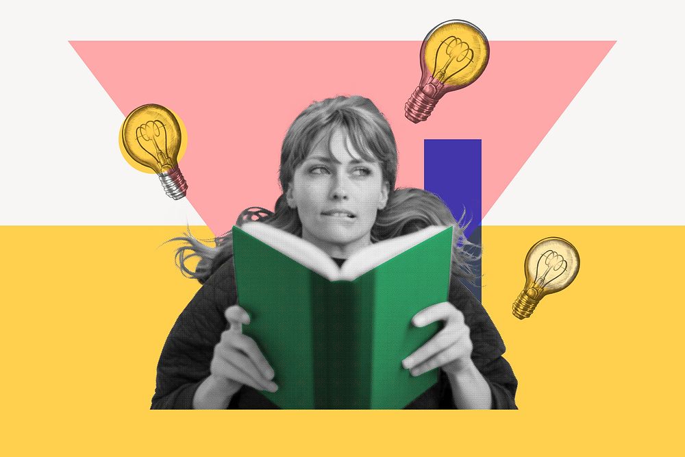 Woman reading collage element, education color pop design psd
