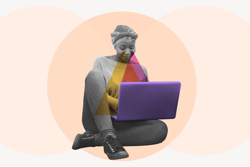 Woman using laptop collage element, education color pop design psd