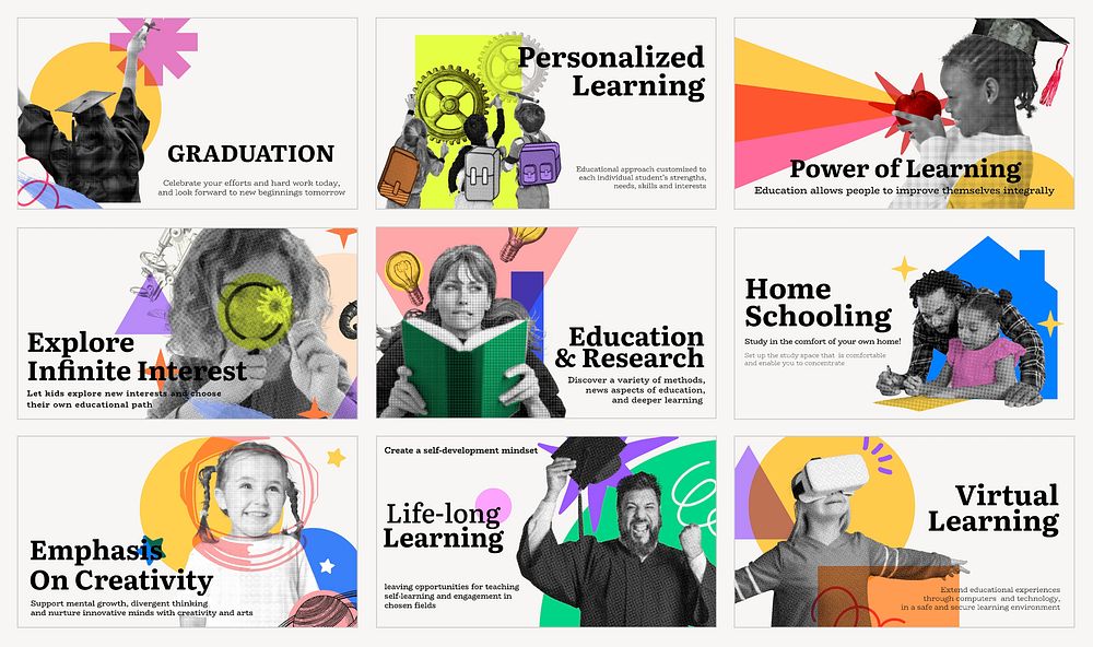 Education Memphis blog banner templates, collage art design set vector