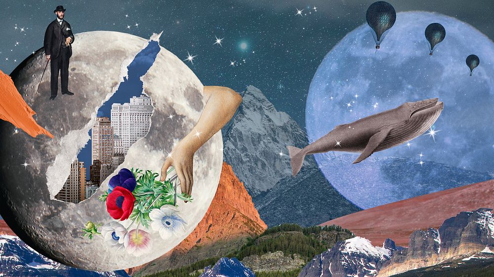 Aesthetic surreal wallpaper, nature and space collage