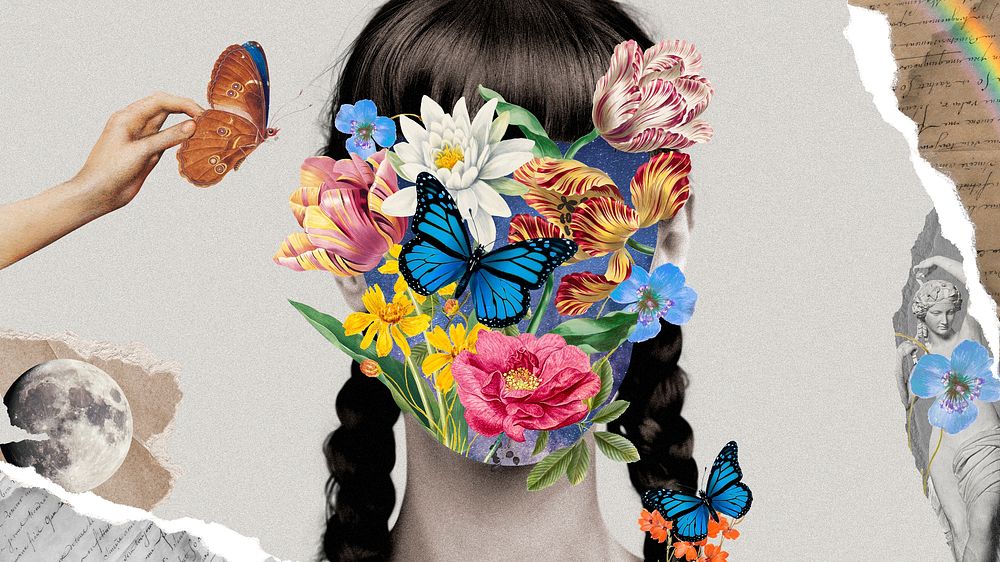 Surreal woman wallpaper, flower remixed media