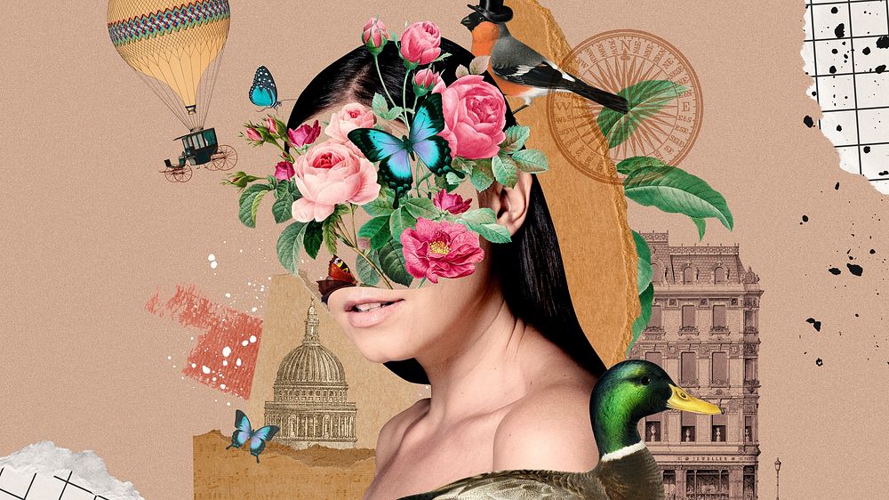 Surreal woman wallpaper, flower, nature remixed media psd