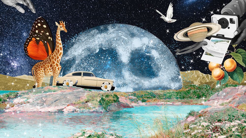 Aesthetic galaxy collage wallpaper, surrealism art psd
