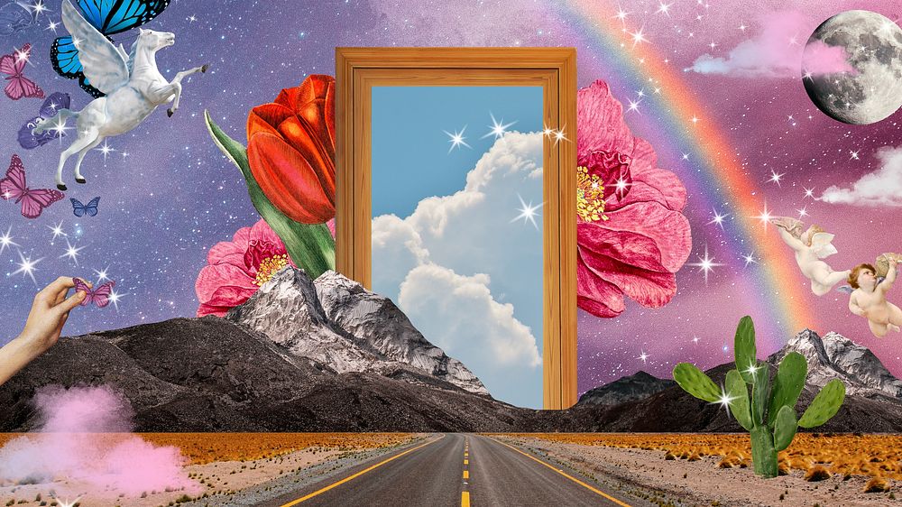 Dreamy road wallpaper, aesthetic surreal escapism collage art psd