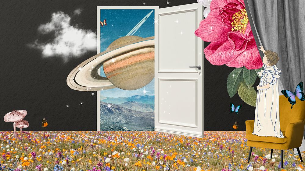 Magical realism wallpaper, surreal escapism collage art psd