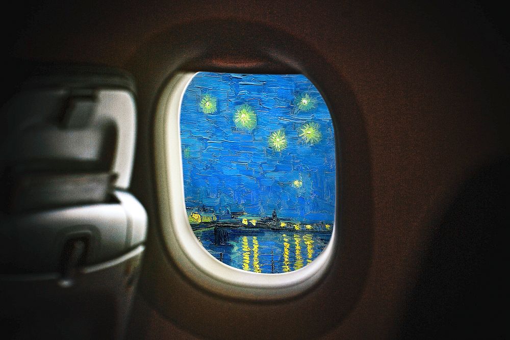 Plane window background, Starry Night mixed media, Van Gogh's artwork remixed by rawpixel