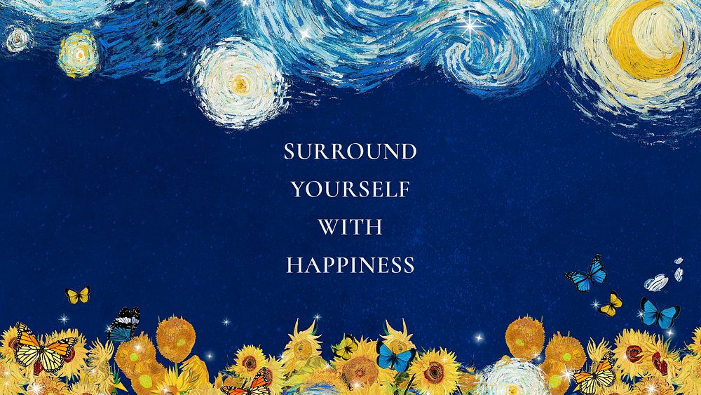 Happiness quote PowerPoint presentation template,  Starry Night painting remixed by rawpixel psd