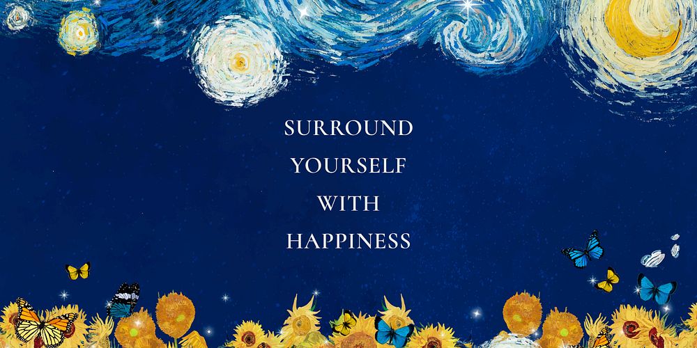 Happiness quote Twitter ad template, Starry Night painting remixed by rawpixel vector