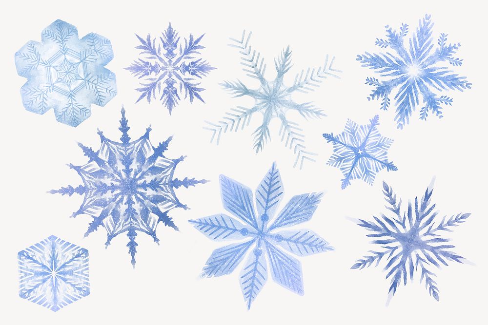 Aesthetic snowflake clipart, watercolor design psd set