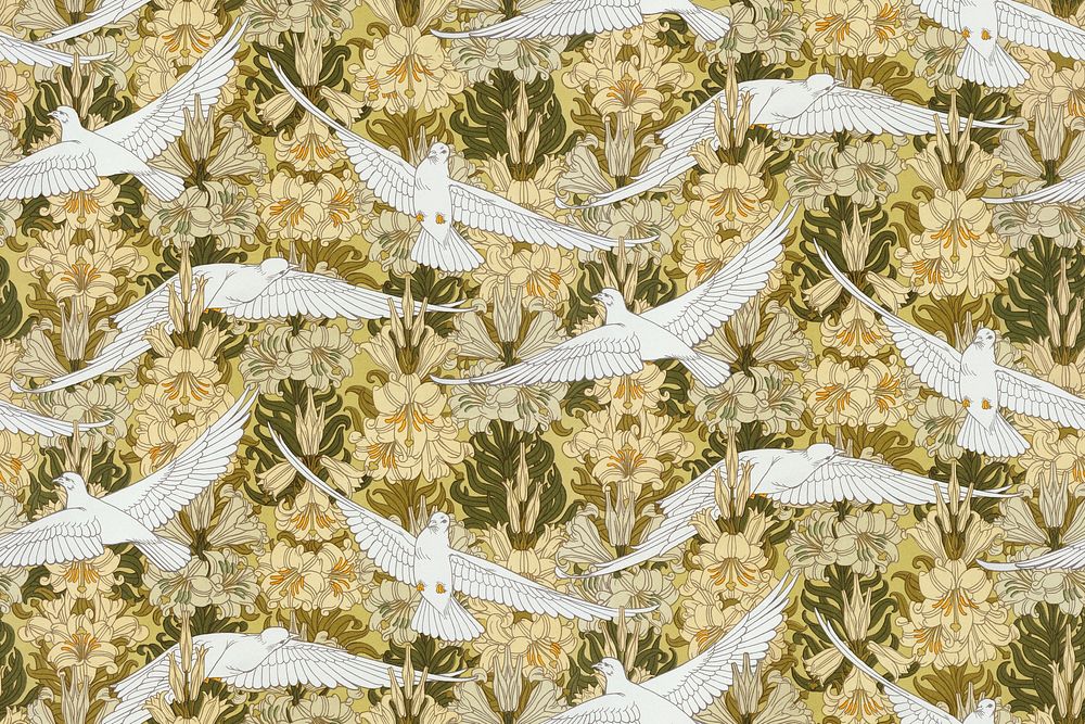 Flying doves pattern background, vintage animal, Maurice Pillard Verneuil artwork remixed by rawpixel
