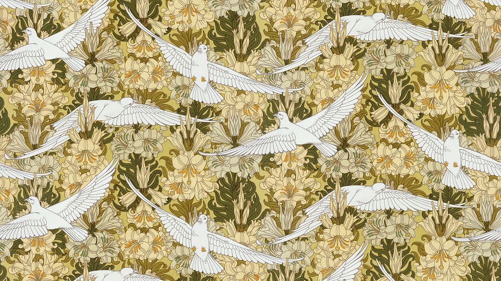 Flying doves pattern computer wallpaper, vintage animal, Maurice Pillard Verneuil artwork remixed by rawpixel