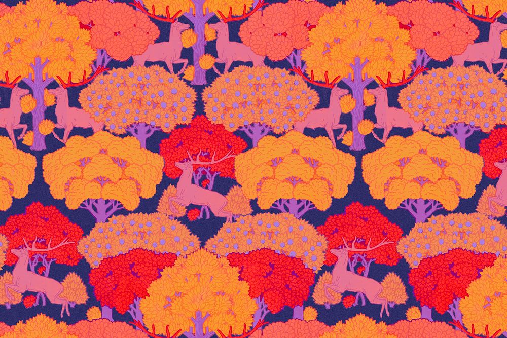 Colorful forest pattern background, vintage animal, Maurice Pillard Verneuil artwork remixed by rawpixel psd