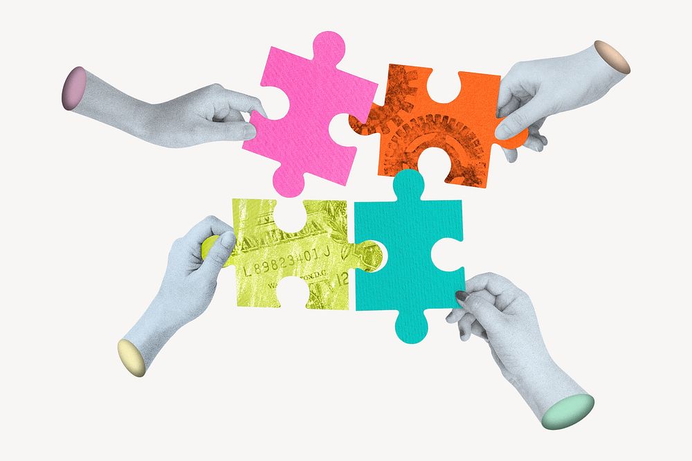 Hands holding puzzle, business teamwork remix psd