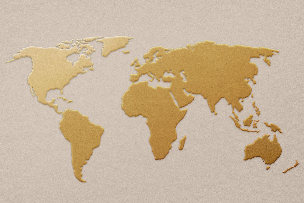 Gold world map collage element psd