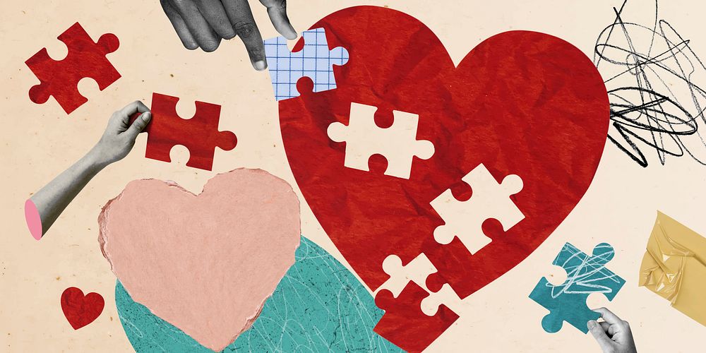 Heart puzzle banner background, mental health design vector