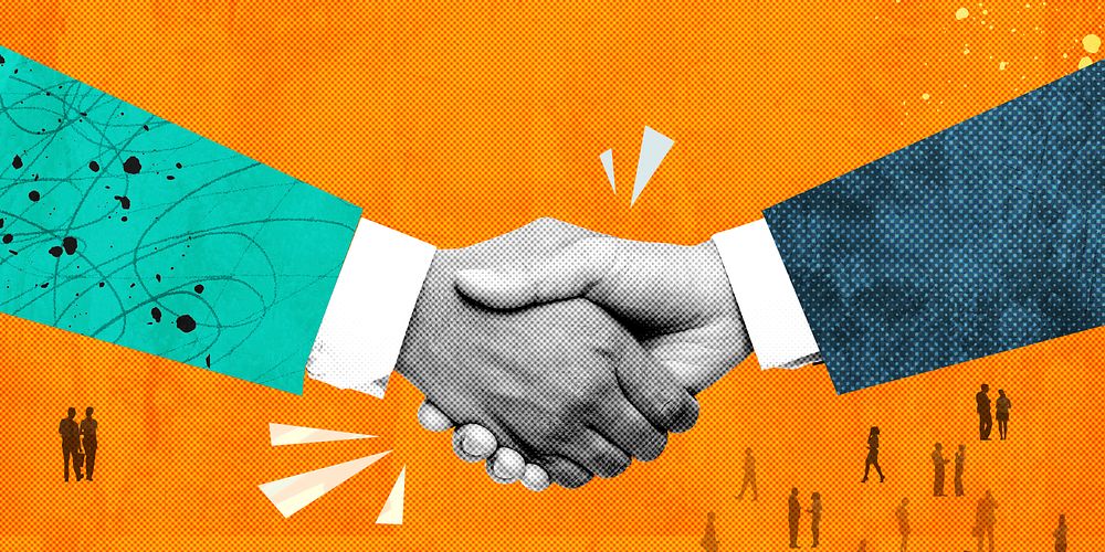 Business handshake banner background, orange design