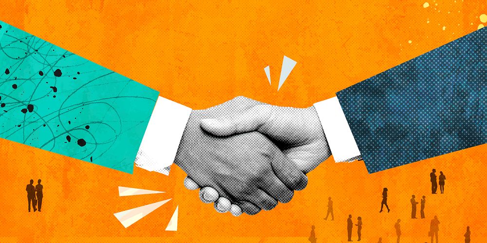 Business handshake banner background, orange design vector