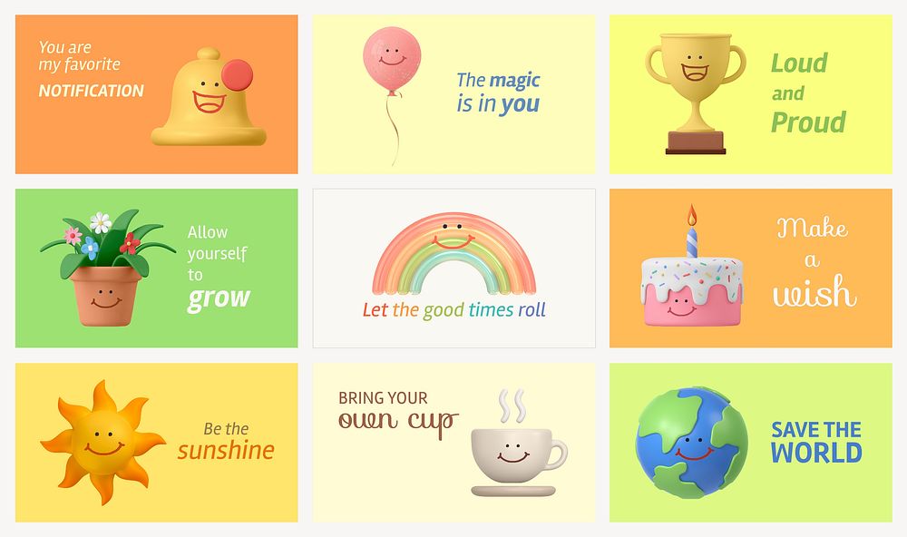 Cute 3D banner template, environment, positivity quote set vector