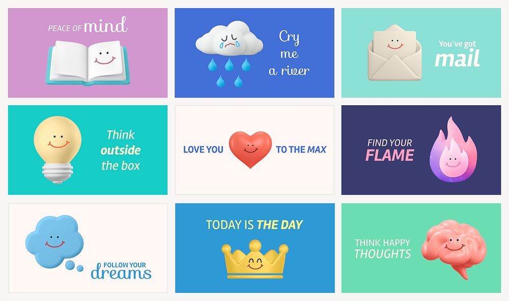 Cute self-love Powerpoint presentation template, 3D illustration set vector