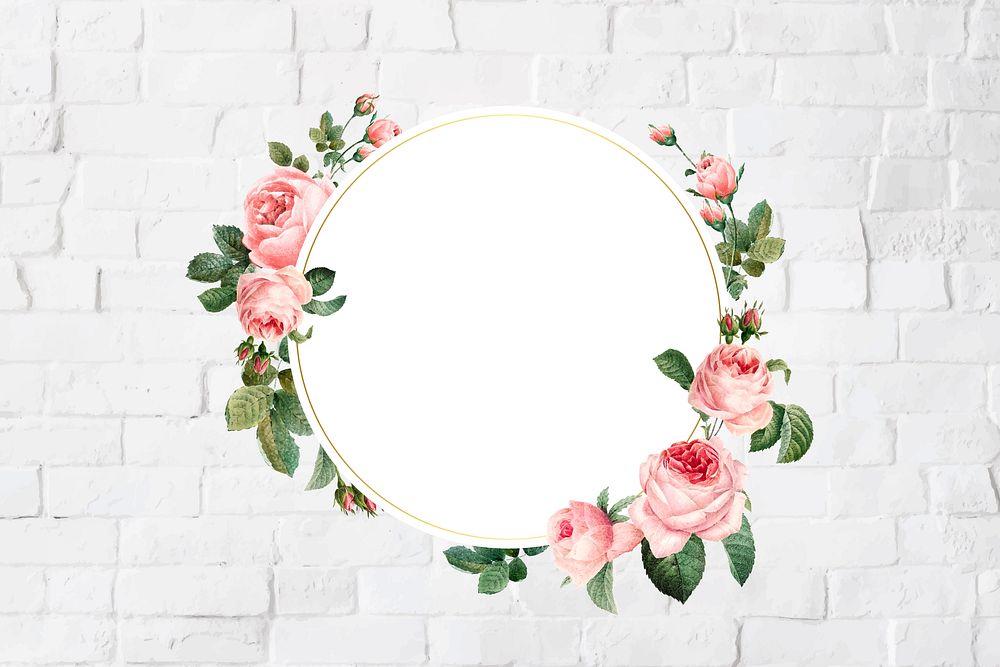 Floral round frame on a brick wall vector