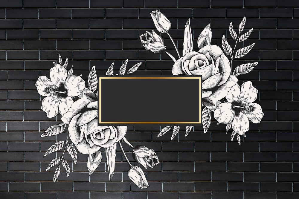 Floral frame black brick wall background illustration