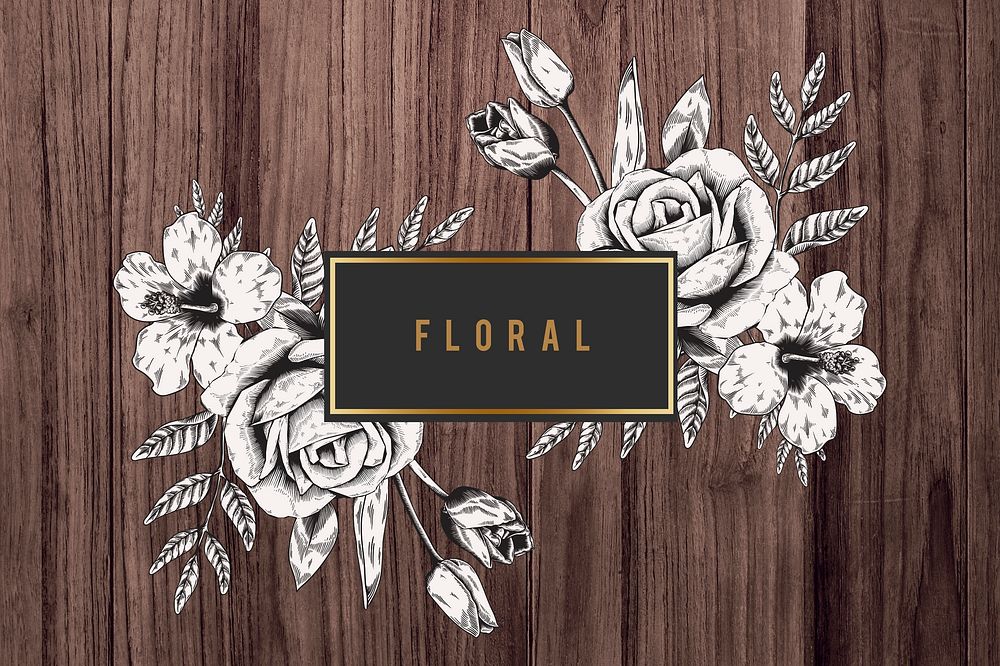 Floral frame brown wood textured background illustration