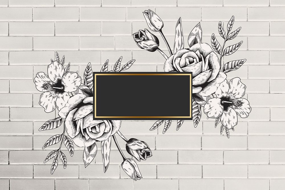 Floral frame beige brick wall background illustration