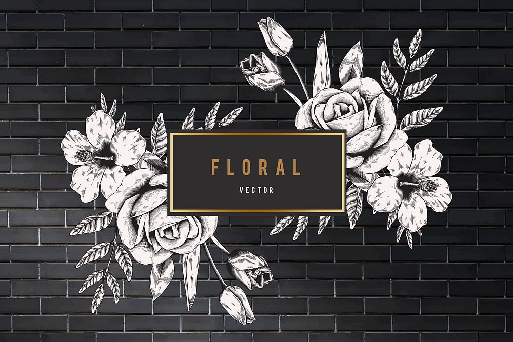 Floral frame black brick wall background vector
