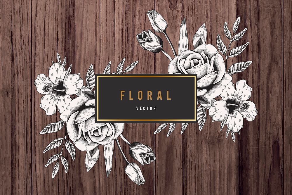 Floral frame on brown wood textured background vector