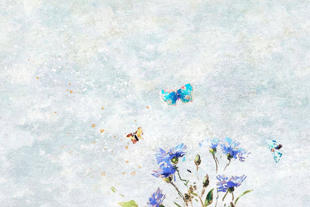Blue flowers with butterflies oil paint vector