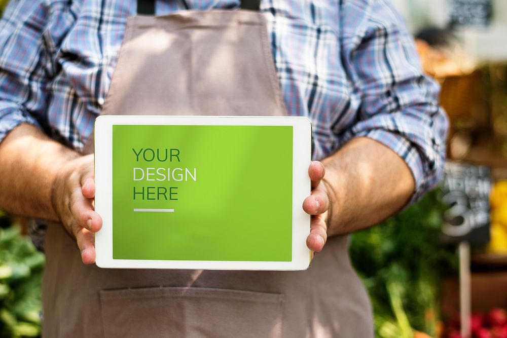 Greengrocer selling fresh organic produce on a tablet screen mockup
